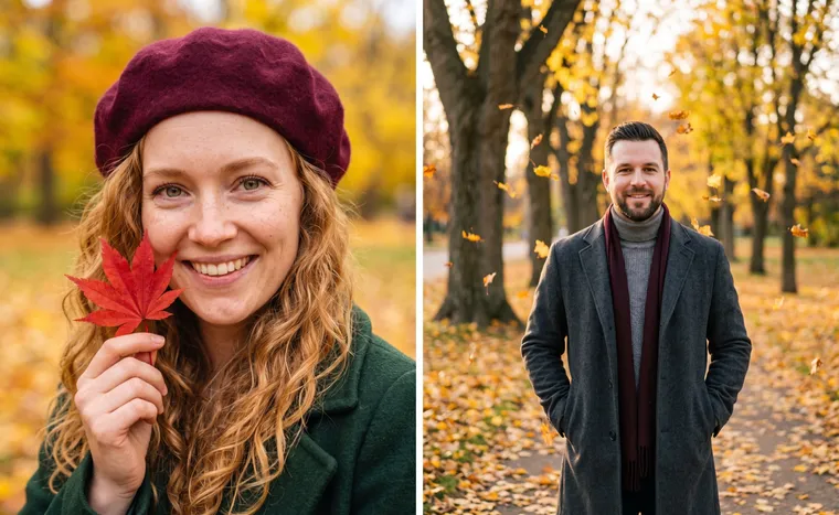 À gauche, une femme en béret bordeaux avec une feuille d’érable rouge près du visage ; à droite, un homme en manteau anthracite et écharpe bordeaux dans un parc d’automne