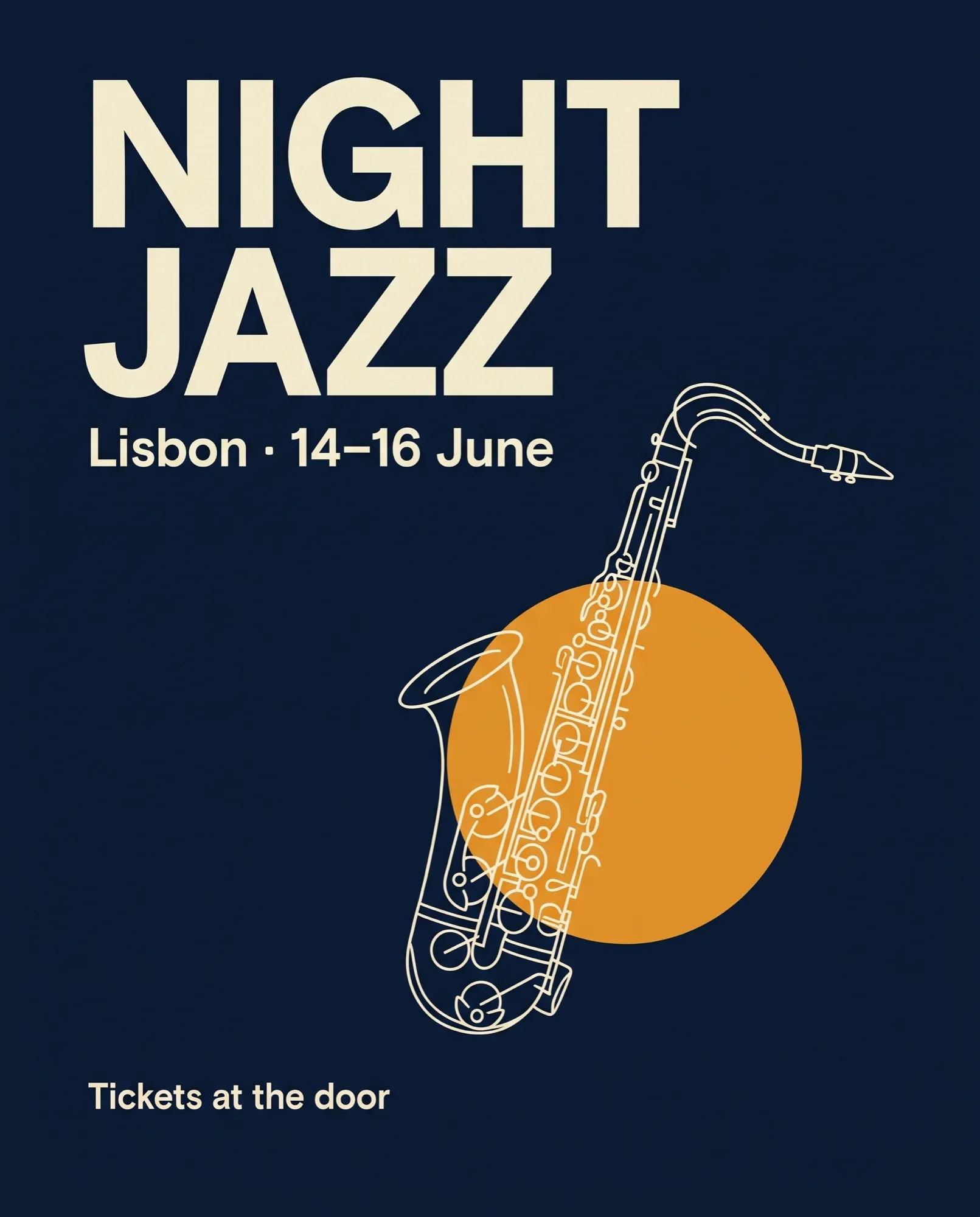 Affiche minimaliste d'un festival de jazz avec le grand titre NIGHT JAZZ et un saxophone