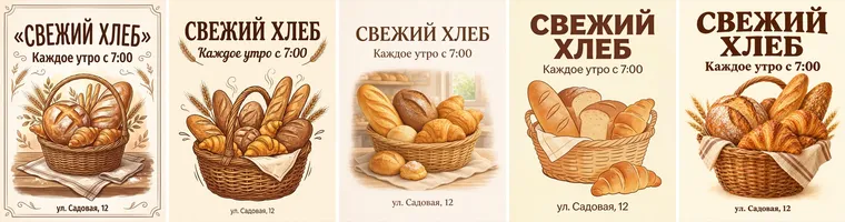 Cinq affiches de boulangerie «Свежий хлеб» avec un panier de pain, produites par différents modèles