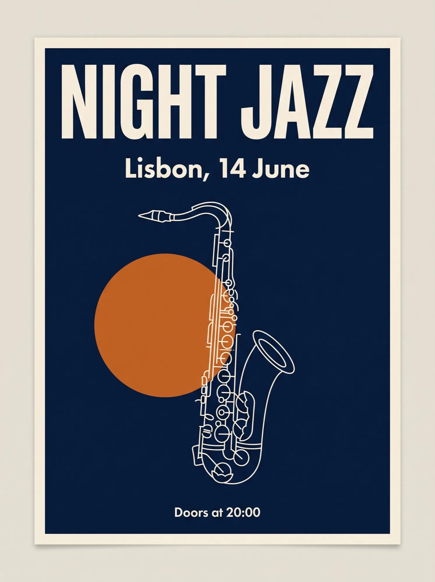 Affiche minimaliste Night Jazz avec un saxophone et un cercle orange