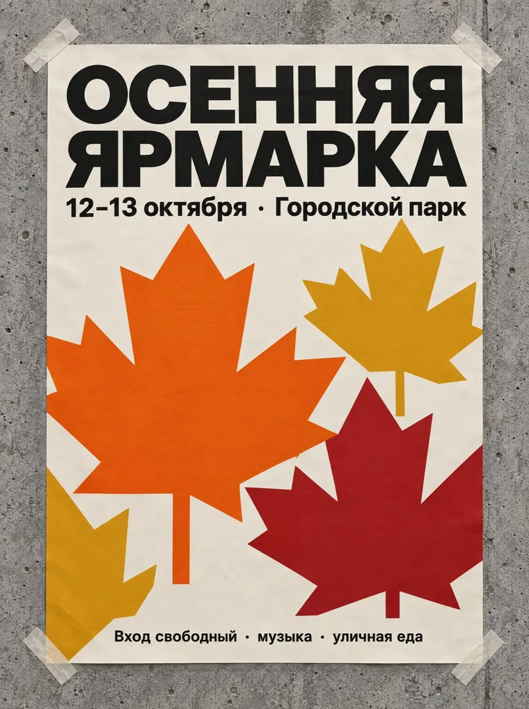 Affiche en russe « Foire d’automne » sur un mur en béton : grand titre, date et lieu, feuilles d’érable orange, moutarde et bordeaux