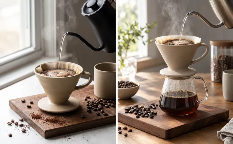Deux photos produit d’un filtre à café en céramique : à gauche l’eau coule dans le filtre posé sur une soucoupe sans tasse, à droite le filtre est posé sur une verseuse en verre contenant du café
