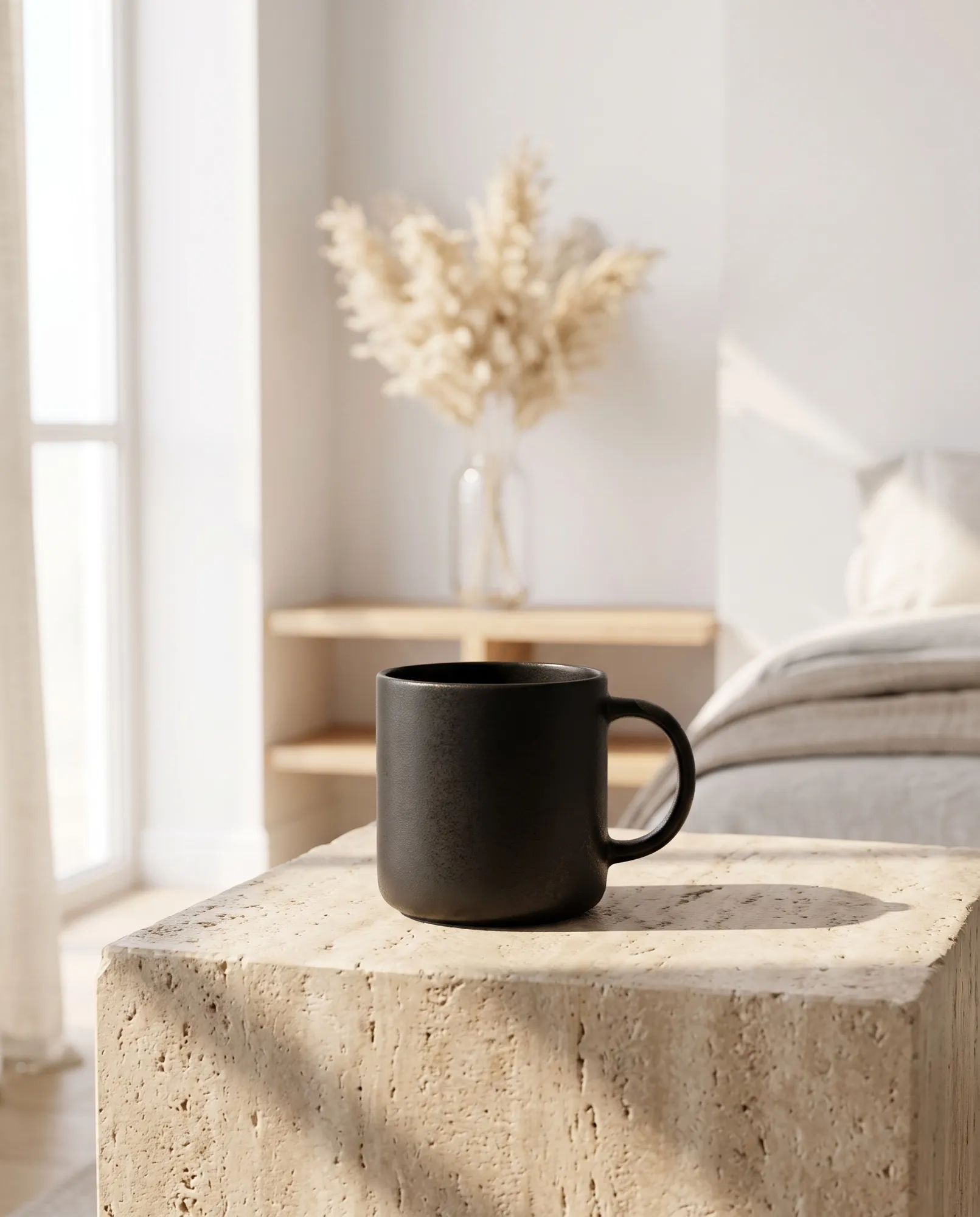 Photo produit d'un mug noir mat sur un socle en travertin