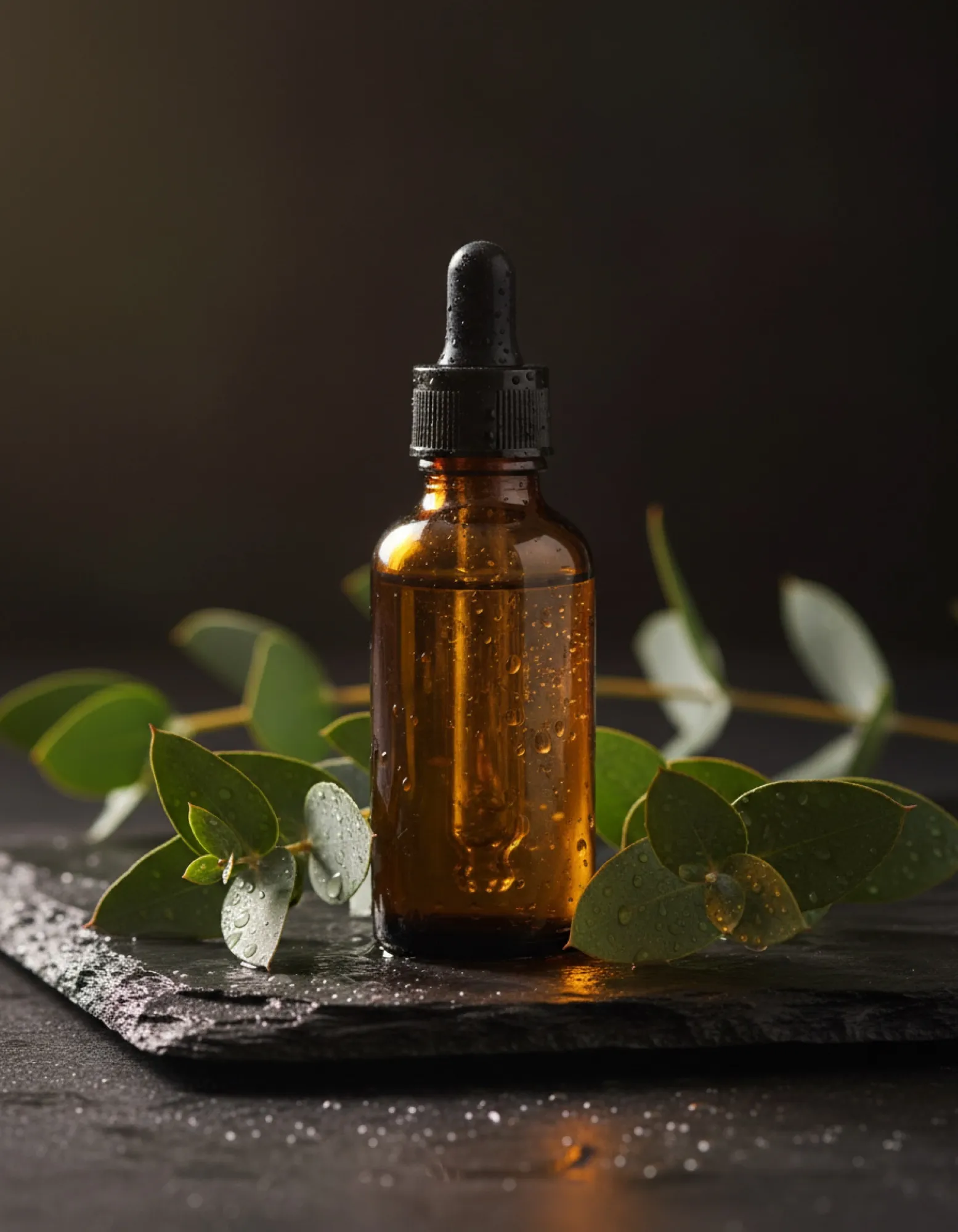 Photo produit d'un flacon de sérum ambré sur ardoise mouillée avec de l'eucalyptus