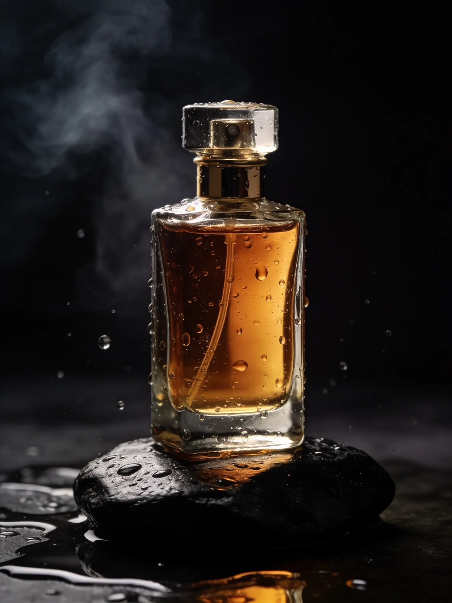 Flacon de parfum en verre au liquide ambré sur une pierre noire mouillée, dans la fumée
