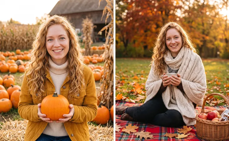 À gauche, une femme en veste moutarde avec une citrouille à la ferme ; à droite, la même en écharpe en maille avec une tasse à un pique-nique dans le parc