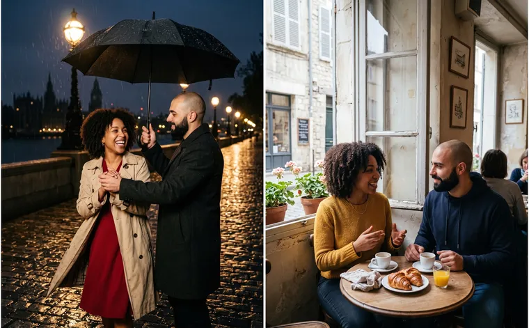 À gauche, le couple rit sous un parapluie noir sur un quai mouillé la nuit, main dans la main, elle en robe rouge et trench ; à droite, le même couple prend des croissants à une table près de la fenêtre d’un café