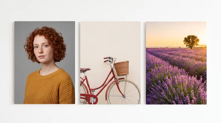 Trois références pour un clip : le portrait d’une jeune fille rousse en pull moutarde, un vélo rouge avec un panier en osier et un champ de lavande au coucher du soleil