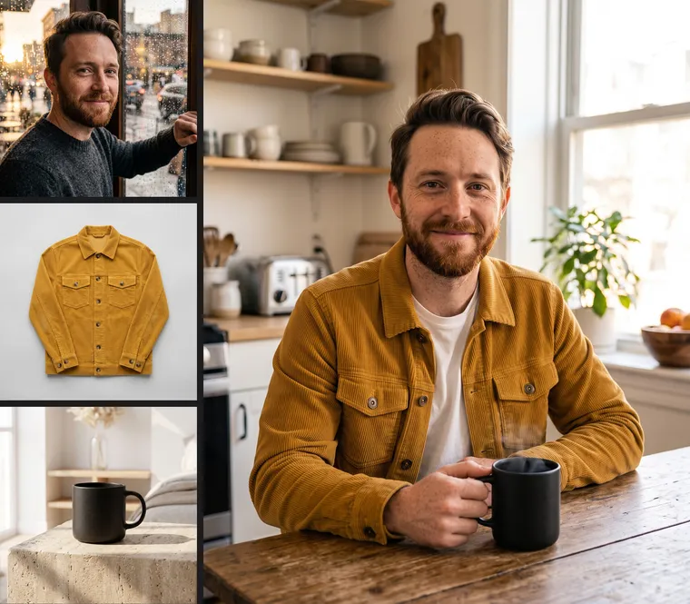 Trois références — un homme, une veste en velours côtelé moutarde et un mug noir — et l’image finale où il porte la veste et boit dans le mug dans une cuisine