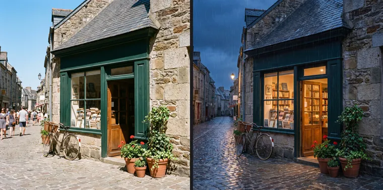 Une librairie dans une rue pavée : à gauche par une journée ensoleillée, à droite par un soir de pluie avec la vitrine éclairée