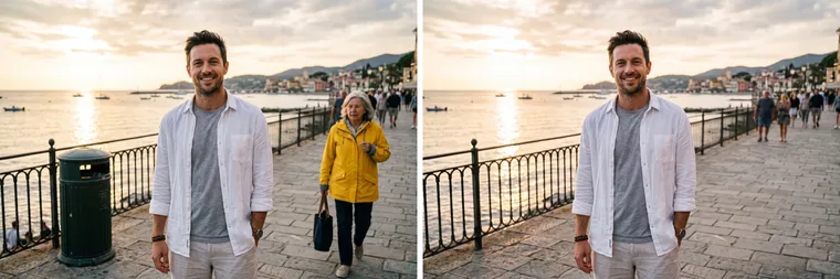 À gauche, un homme sur une promenade, avec une poubelle et une passante en veste jaune ; à droite, le même cadre sans la poubelle ni la passante