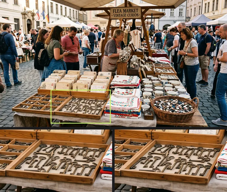 Stand de brocante avec de vieilles clés et le même fragment de l’image en 1K et en 2K