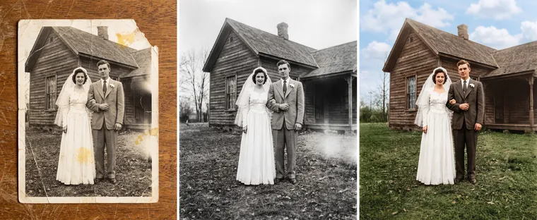Trois versions d’une photo de mariage : le tirage abîmé avec plis et taches sur une table, la photo restaurée en noir et blanc et la version colorisée