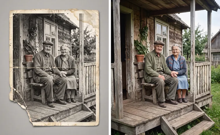 À gauche, une photo noir et blanc passée d’un couple âgé sur un perron, avec des plis et un coin déchiré ; à droite, la même photo restaurée et en couleur