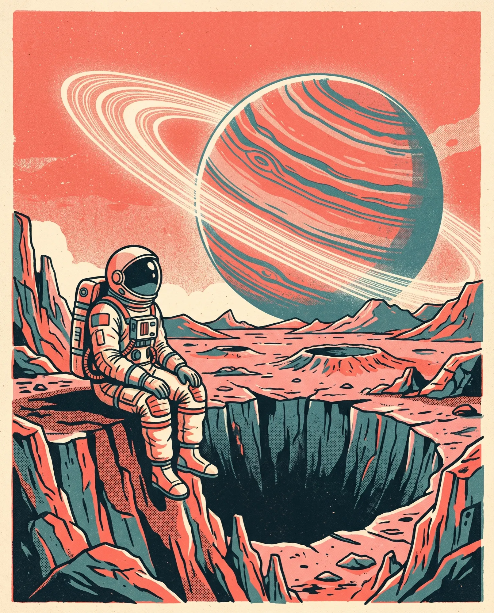 Affiche rétro : un astronaute assis au bord du cratère d'une planète rose regarde une énorme planète à anneaux