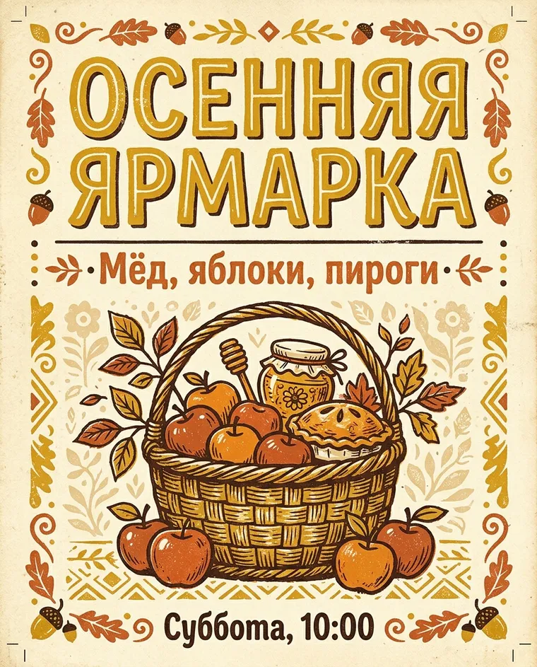 Affiche « Foire d’automne » en russe avec un panier de pommes, du miel et une tarte
