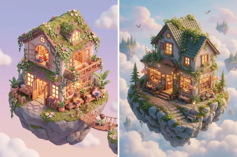 À gauche, diorama isométrique d’une librairie sur une île flottante dans Nano Banana Pro, à droite le même prompt dans Seedream 5.0 Pro