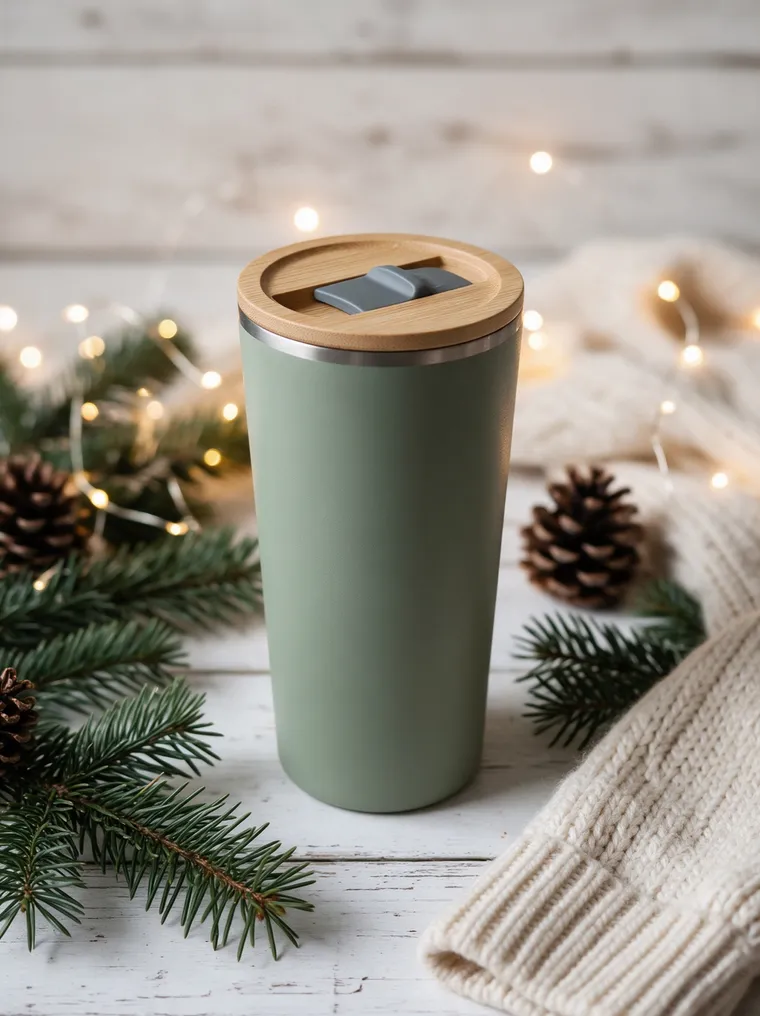 Mug isotherme sur une surface en bois blanc entre des branches de sapin, des pommes de pin et un pull en maille, guirlandes floues en arrière-plan
