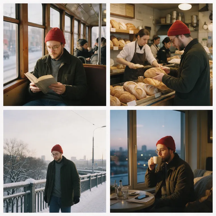 Une grille de quatre photos d’un même homme à lunettes et bonnet rouge : dans un tramway avec un livre, dans une boulangerie, sur un pont enneigé et avec un café près d’une fenêtre