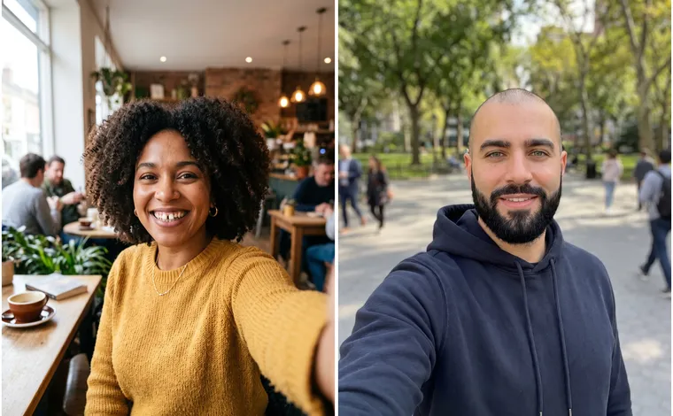 À gauche, le selfie d’une femme aux cheveux bouclés foncés en pull moutarde dans un café ; à droite, le selfie d’un homme au crâne rasé et à la barbe noire dans un parc