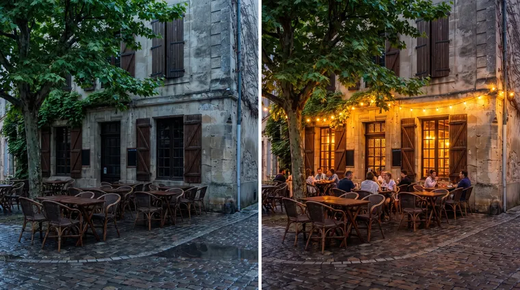 Le même café de rue sous le même angle : à gauche vide le matin sous une bruine, à droite le soir avec des guirlandes lumineuses et des clients