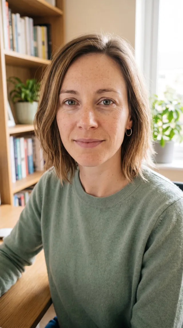 Portrait vertical d’une femme en pull vert à son bureau dans un home office lumineux, qui regarde calmement l’objectif