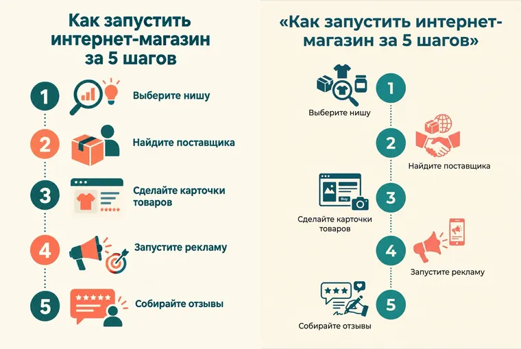 Deux versions de l’infographie « Lancer une boutique en ligne en 5 étapes » : à gauche GPT Image 2.5 avec de grandes étapes numérotées, à droite Nano Banana Pro avec des étapes de part et d’autre d’une ligne pointillée