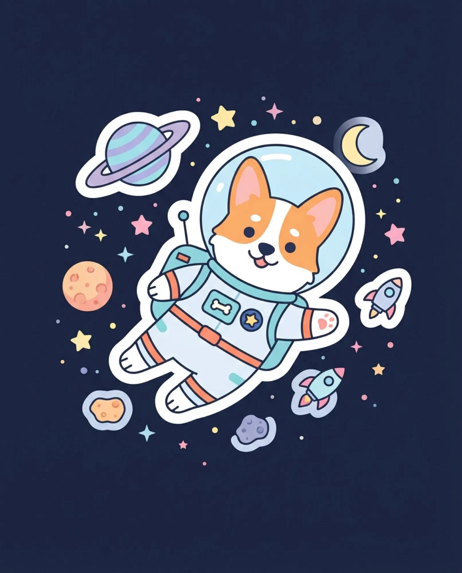 Un sticker : un corgi en combinaison spatiale flotte parmi les étoiles et les planètes sur fond bleu nuit