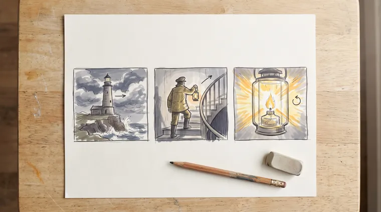 Un storyboard de trois cases sur une table : un phare sur une falaise dans la tempête, un gardien avec une lanterne montant un escalier en colimaçon, gros plan de la lanterne qui s’allume