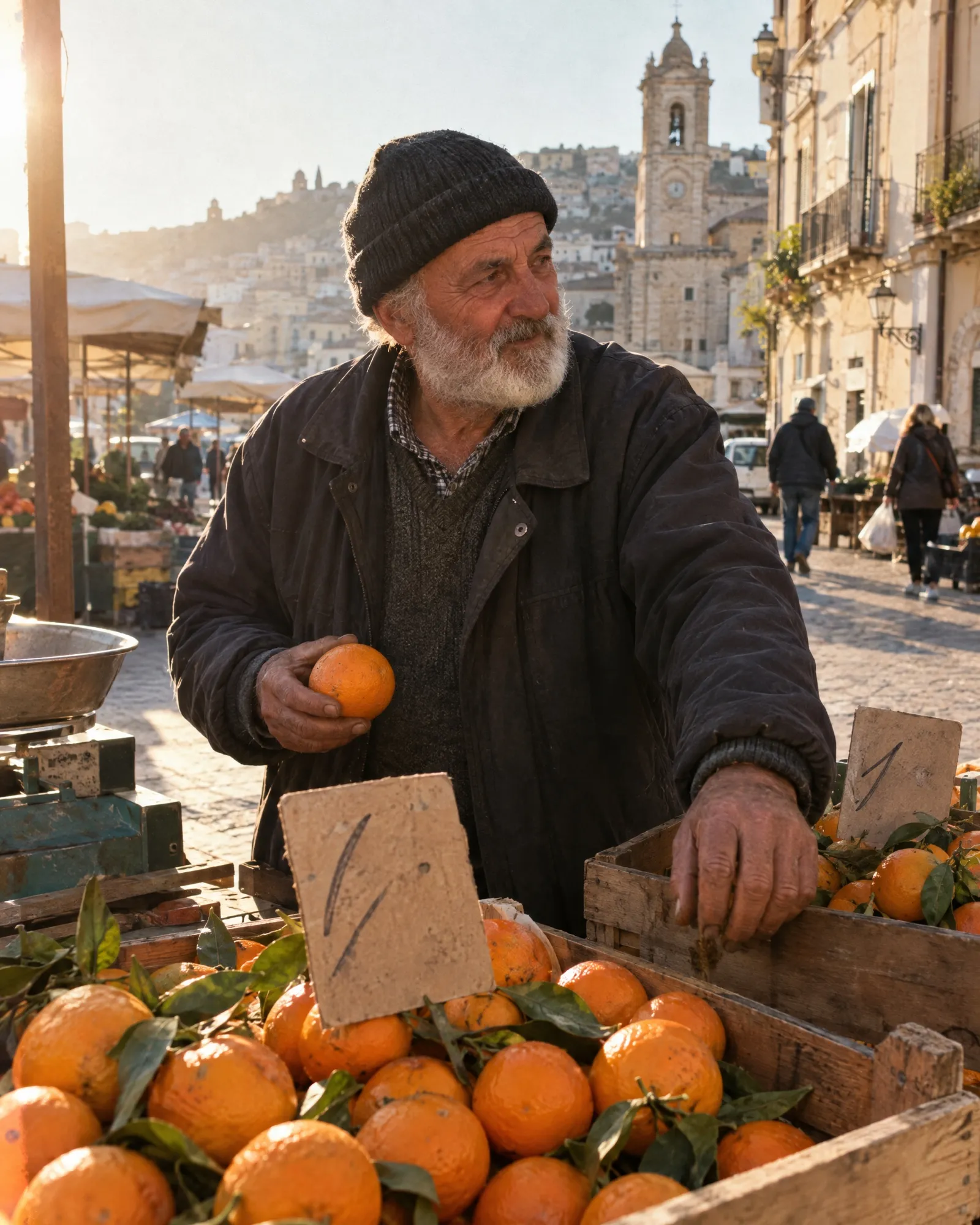 Un vendeur âgé à la barbe blanche dispose des oranges sur un marché le matin