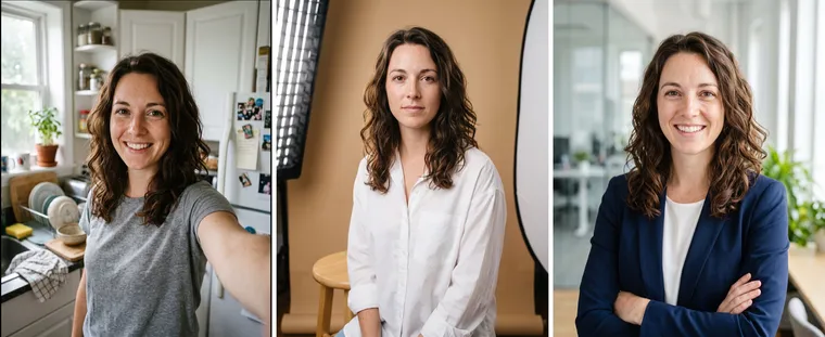 À gauche, le selfie d’origine d’une femme dans une cuisine ; au centre, la même en studio, chemise blanche sur fond beige ; à droite, en blazer bleu marine dans un bureau lumineux