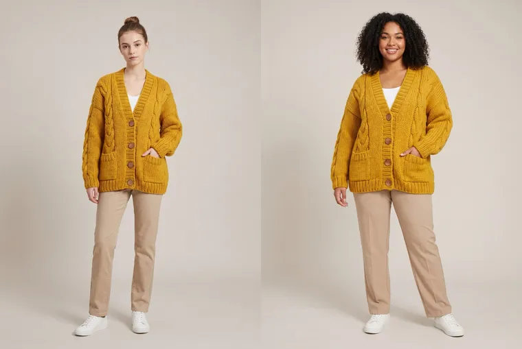 Le même gilet moutarde sur deux mannequins en studio : une mannequin mince avec un chignon et une mannequin grande taille aux cheveux bouclés