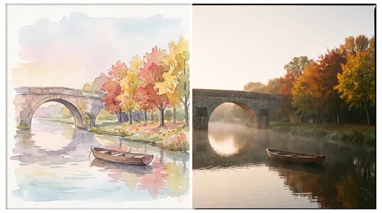 Un pont de pierre sur une rivière avec une barque et des arbres d’automne : à gauche une aquarelle, à droite une photo cinématographique dans la brume