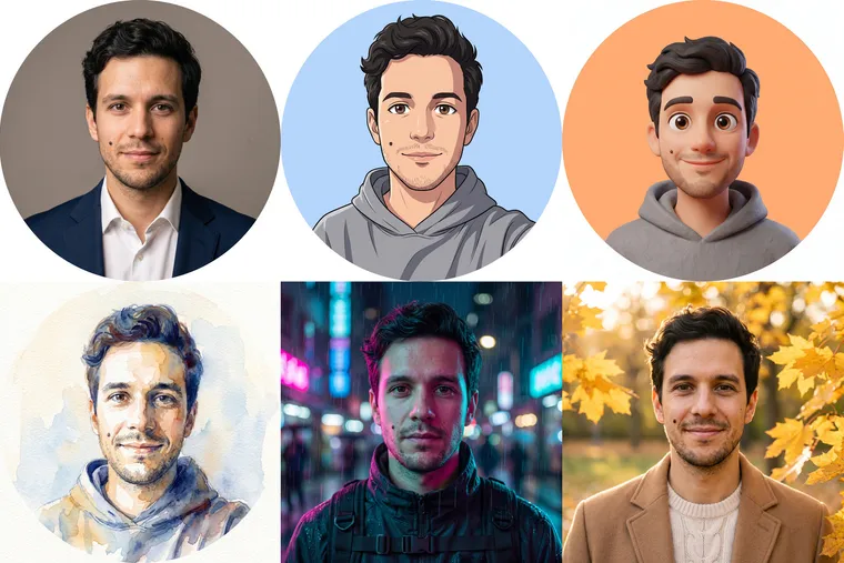 Six avatars du même homme : portrait professionnel, anime, personnage 3D, aquarelle, portrait néon et portrait d’automne dans un parc