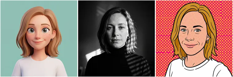 Trois photos de profil stylisées de la même femme : personnage 3D sur fond bleu canard, noir et blanc avec ombres de stores et pop art à trames de points