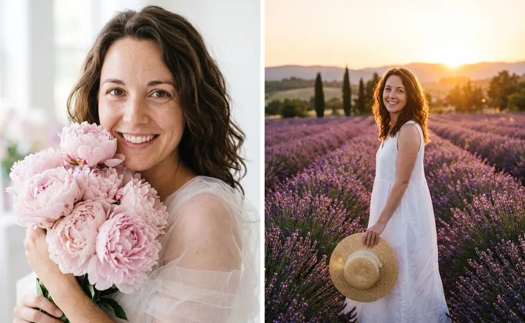 À gauche, une femme avec des taches de rousseur tient un bouquet de pivoines roses près du visage dans un studio blanc ; à droite, la même en robe blanche dans un champ de lavande au coucher du soleil