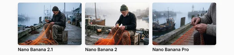 Trois versions d’un pêcheur sur un ponton brumeux : Nano Banana 2.1 montre la silhouette entière, Nano Banana 2 une image plus chaude, Pro seulement les mains et le filet
