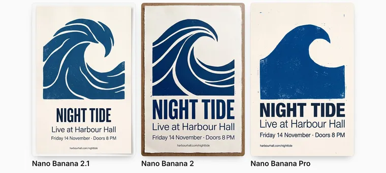 Trois affiches NIGHT TIDE avec une vague bleue : les trois modèles ont écrit chaque ligne sans faute