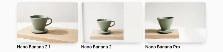 Trois photos d’un dripper en céramique verte sur une planche de chêne : seule l’ombre de Nano Banana 2.1 tombe vers la droite
