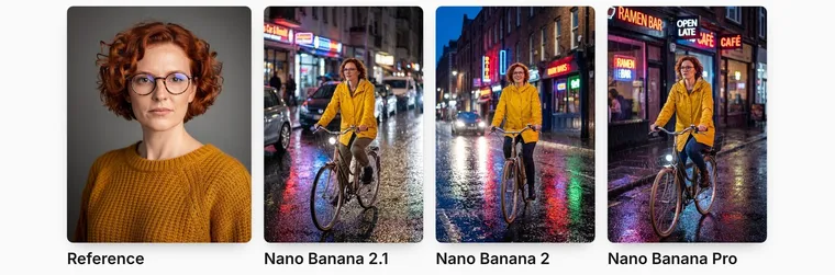 Portrait de référence d’une femme rousse à lunettes et trois images d’elle à vélo dans une rue mouillée la nuit