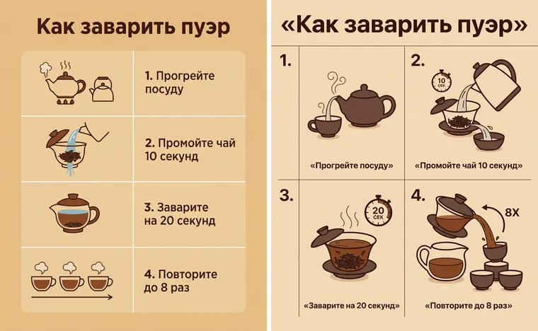 Deux infographies « Comment préparer du pu-erh » : à gauche un tableau net de quatre étapes, à droite une grille 2×2 avec minuteurs et légendes entre guillemets