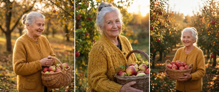 Trois versions du portrait d’une femme âgée en gilet moutarde tenant un panier de pommes dans un verger d’automne, réalisées par différents modèles