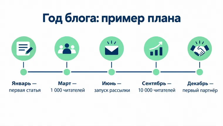 Frise « Une année de blog : plan type » avec cinq points, icônes et libellés de janvier à décembre