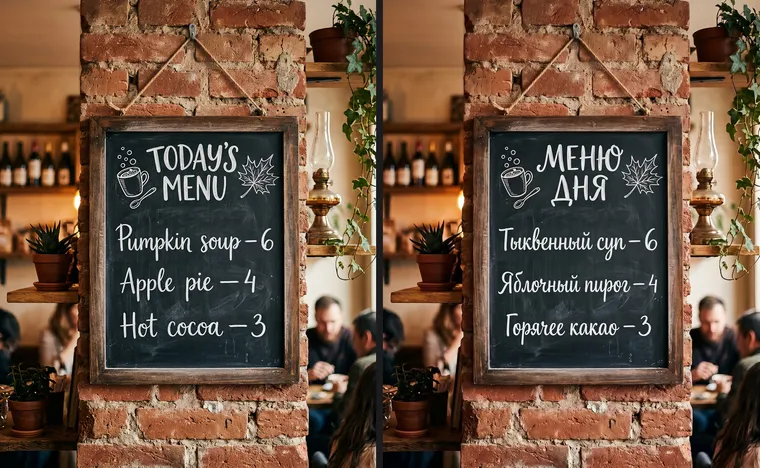Ardoise de menu sur un mur de briques : à gauche le texte en anglais, à droite les mêmes lignes en russe