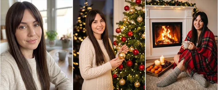 À gauche, le selfie d’origine d’une femme aux cheveux foncés avec frange dans une cuisine ; au centre, la même femme près d’un sapin décoré avec une boule dorée ; à droite, au coin du feu dans un plaid en tartan rouge avec une tasse de chocolat