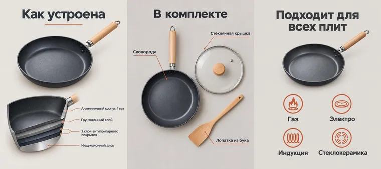 Trois visuels d’infographie de la poêle : coupe du revêtement « Comment elle est faite », vue de dessus « Dans le coffret » avec couvercle et spatule, et grille d’icônes « Pour toutes les plaques »