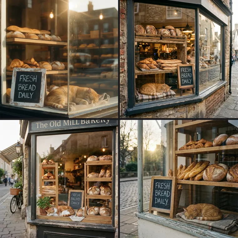 Vitrine de boulangerie avec un chat roux et une ardoise FRESH BREAD DAILY dans quatre versions de Nano Banana
