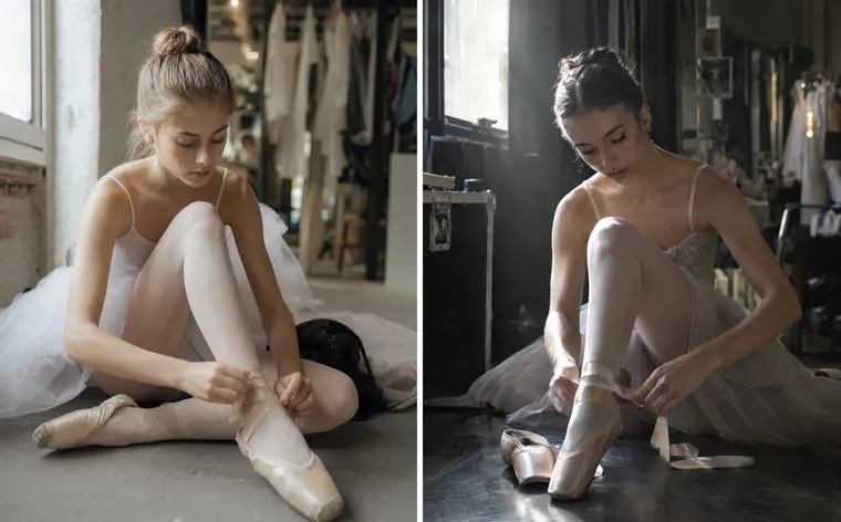 Une danseuse attache les rubans de ses pointes dans les coulisses : à gauche GPT Image 2, à droite le même prompt dans GPT Image 2.5