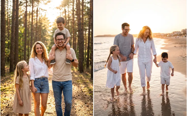 À gauche, le père avec le fils sur les épaules et la mère avec la fille marchant dans une pinède ; à droite, la famille en blanc courant au bord de l’eau au coucher du soleil