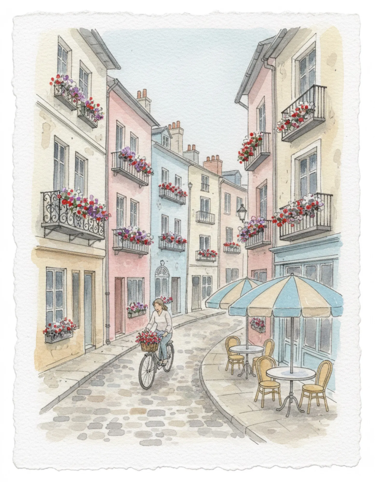 Aquarelle d'une ruelle aux maisons pastel avec une cycliste et un café